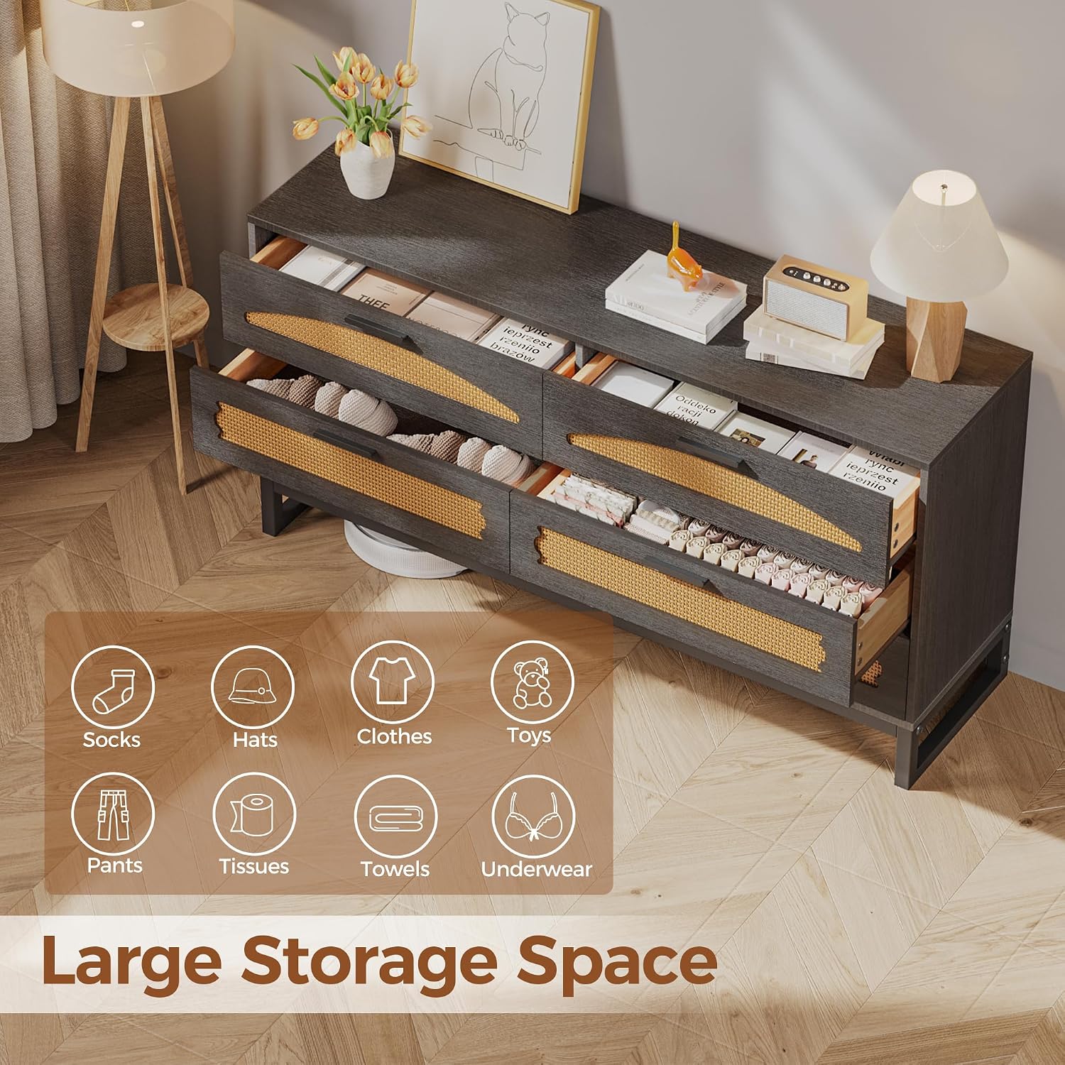 Mericonia 6 Drawer Double Dresser for Bedroom, Rattan Chest of Drawers, Modern Wooden Dresser Chest with Metal Frame for Bedroom, Living Room, Hallway and Entryway, Black