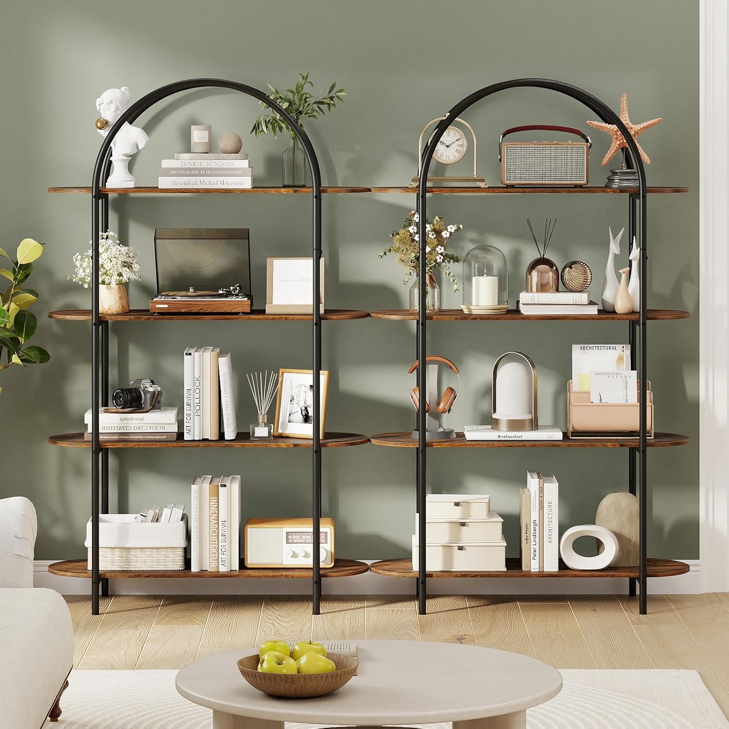 Giantex Arched Bookshelves Set of 2, 4-Tier Industrial Open Bookcase with Sturdy Metal Frame, Freestanding Display Storage Organizer for Living Room, Home Office and Bedroom, Rustic Brown