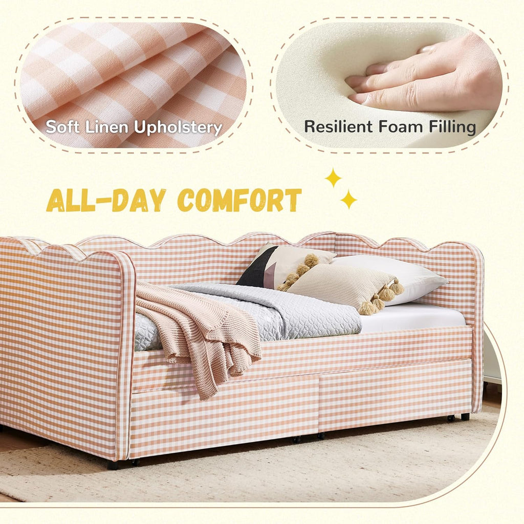 DEINPPA Twin Size Upholstered Daybed with 2 Storage Drawers, Gingham Daybed with USB Ports for Bedroom Living Room Guest Room-Pink