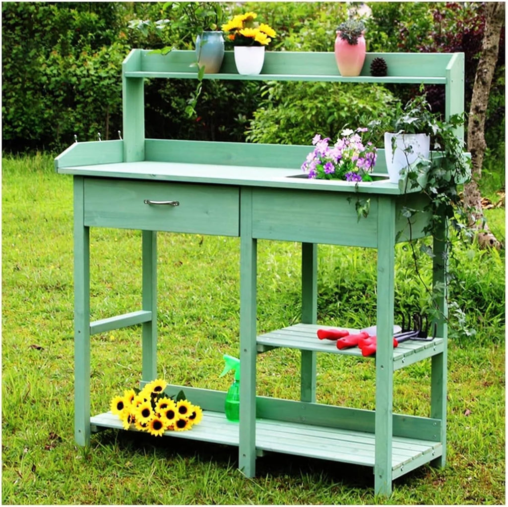 Potting Bench Table,Garden Potting Table, Potting Bench Garden Table Outdoor Garden Work Station with Removable Stainless Sink Planting Work Bench with Storage Shelves and Drawer, Green