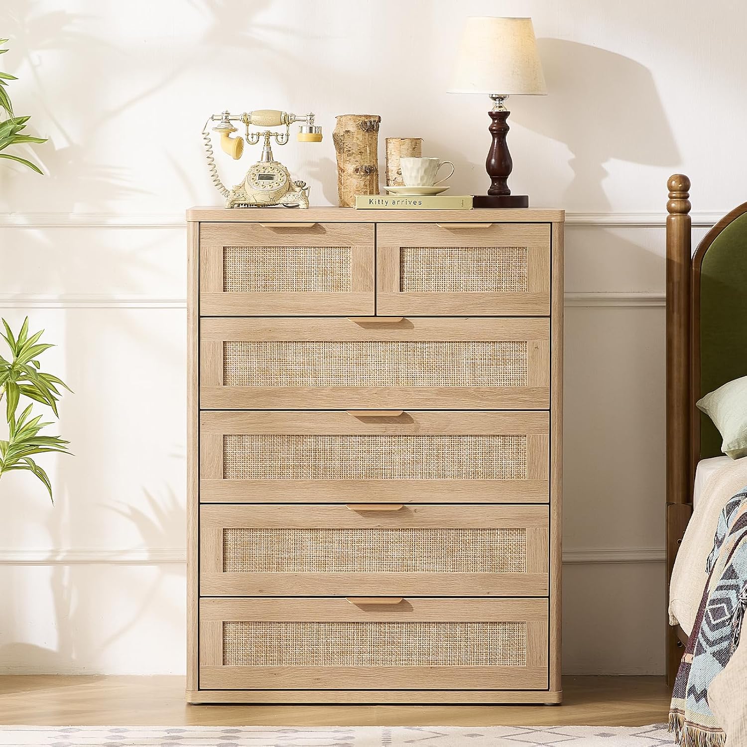 LEYAOYAO Rattan Dresser for Bedroom, 41' Tall Chest of Drawers, Modern 6 Drawers Boho Dressers with Storage, Light Oak Dresser Wooden Closet Organizer for Living Room, Hallway, Natural Wood