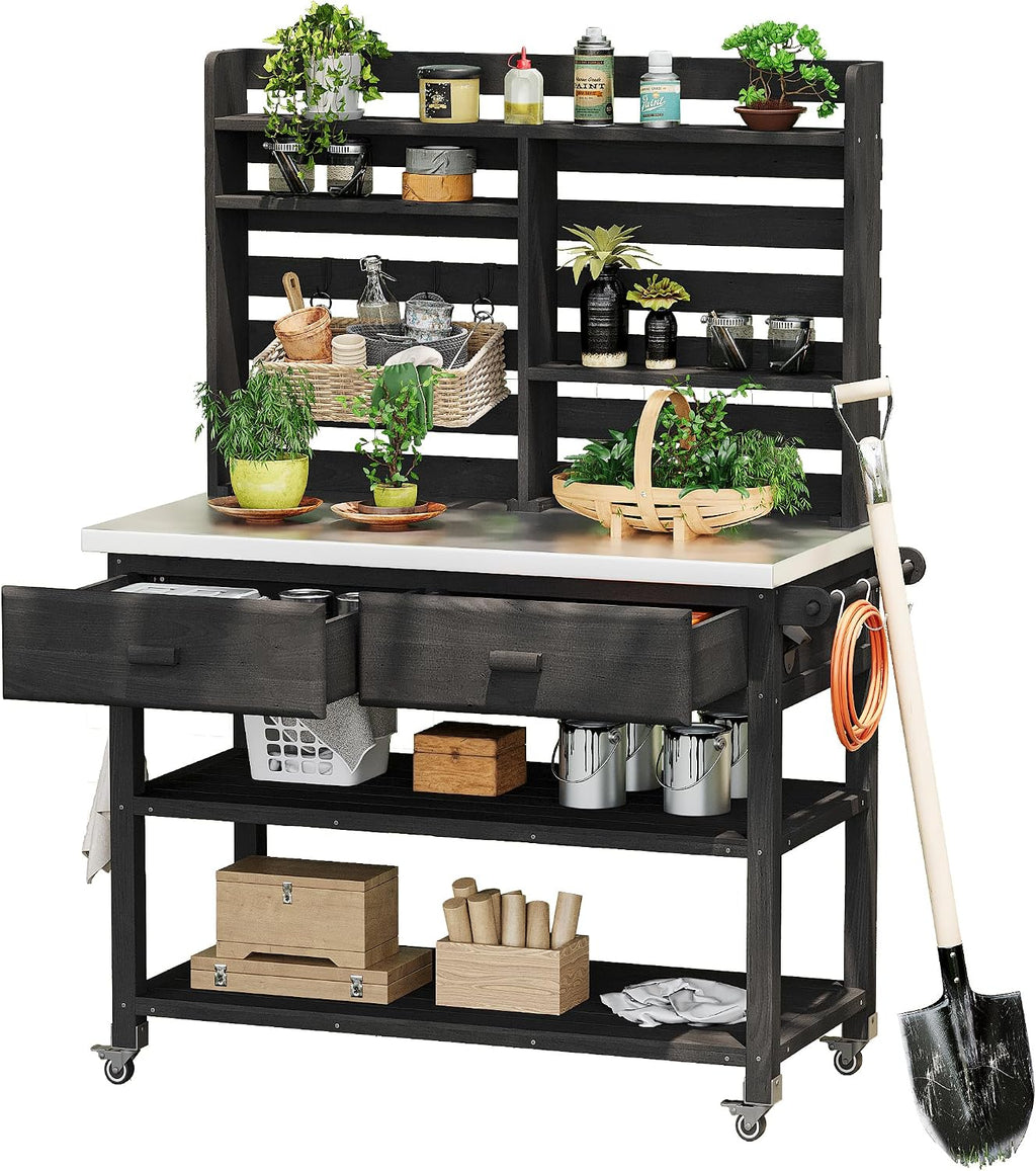 Outdoor Potting Bench Table with Lockable Wheels, Wood Outdoor Workbench with Upper Hutch, Stainless Steel Top, Towel Rack for Grilling, Lawn Garden (Black, 64.9' H)