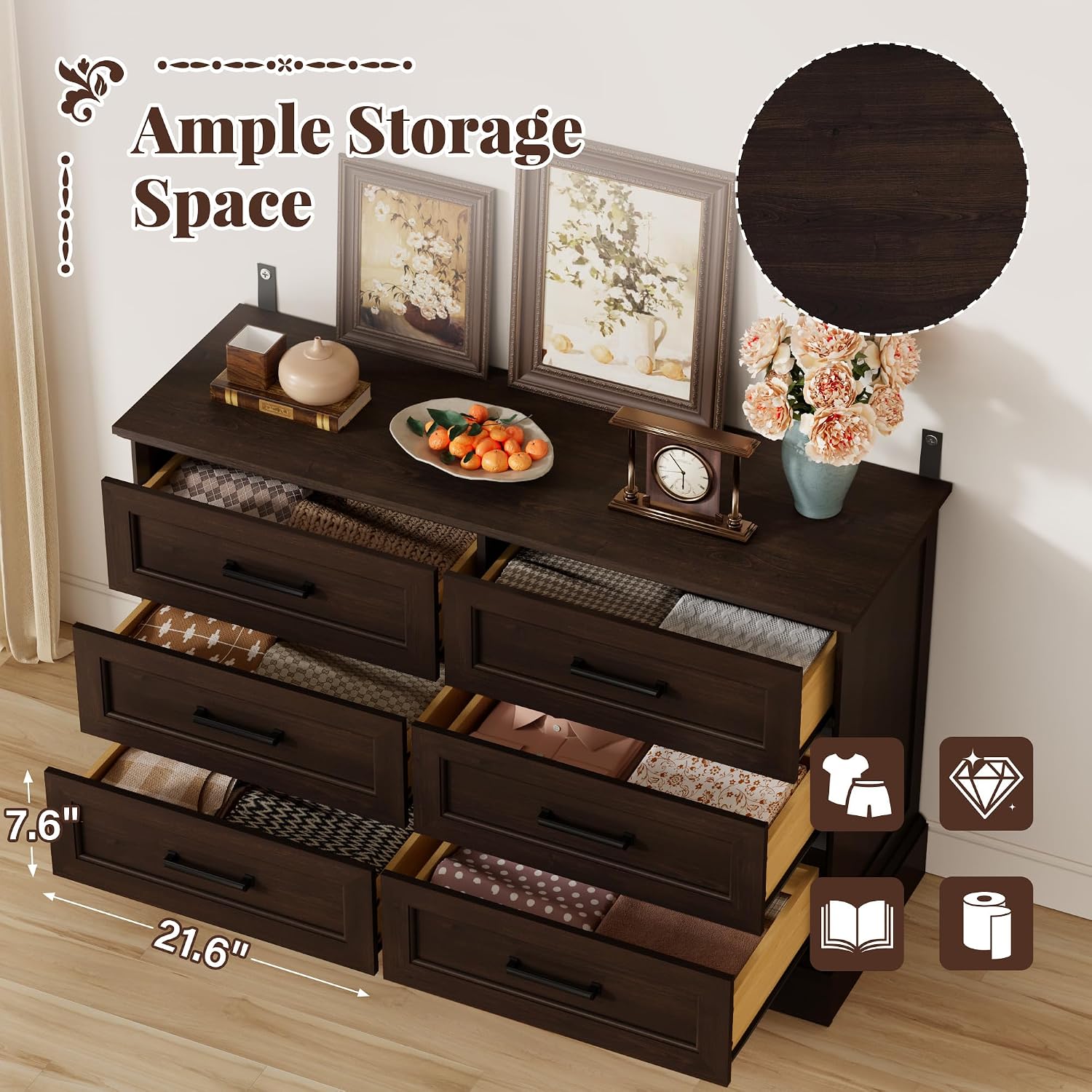Furmax Farmhouse Dresser for Bedroom, 6 Drawers Dresser, Wood Chest of Drawers, 47.2' Wide Storage Dressers Organizer for Bedroom, Living Room, Dark Brown