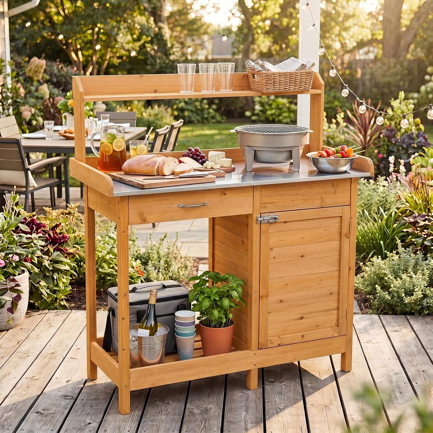 S AFSTAR Outdoor Potting Bench Table, Wooden Garden Work Station with Drawer, Storage Cabinet, Open Shelf, Side Hooks, Metal Tabletop Gardening Workbench, Potting Benches for Outside Backyard Balcony