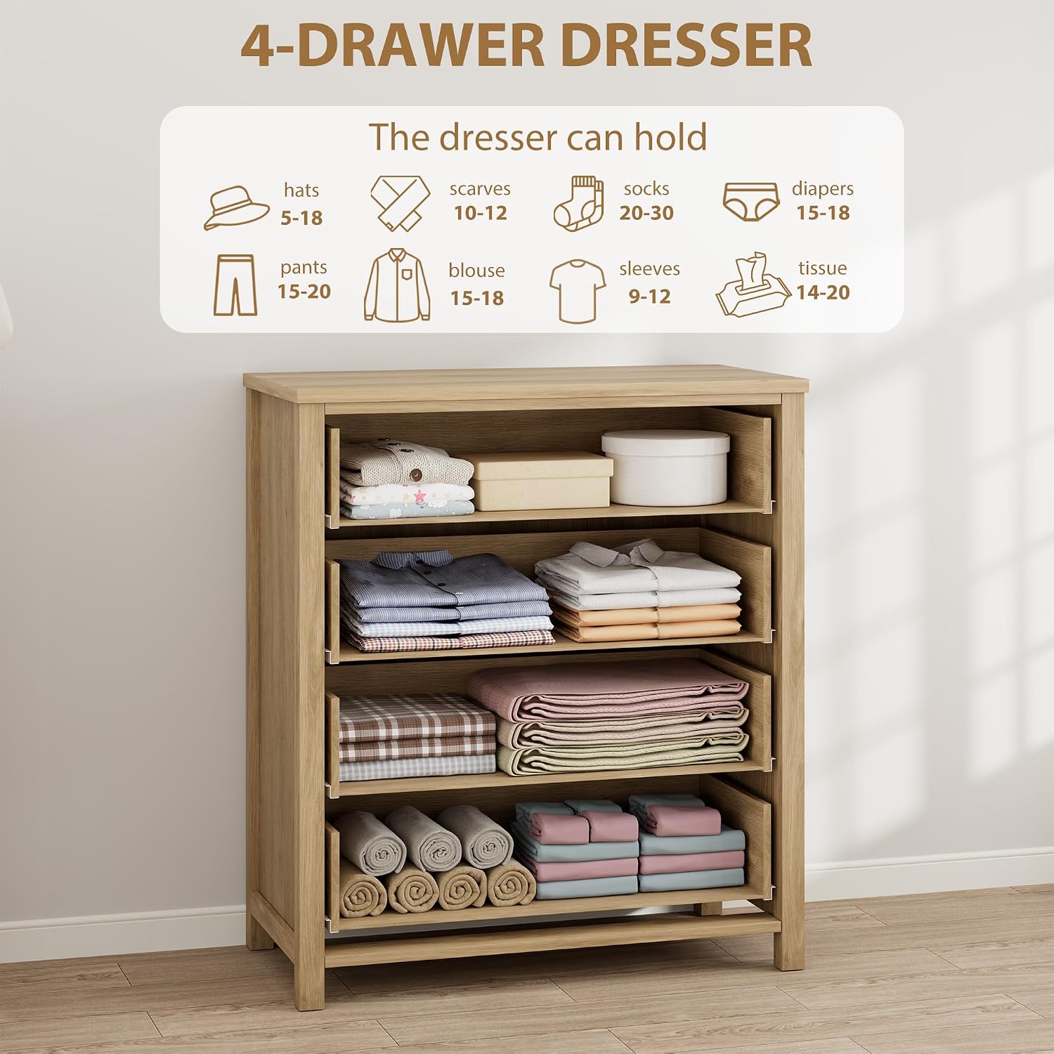 IDEALHOUSE Rattan Dresser for Bedroom, Chest of Dressers 37' Tall Dresser for Closet with 4 Rattan Drawers Chest with Clothes Storage Cabinet, Drawer Organizer for Bedroom, Living Room, Hallway