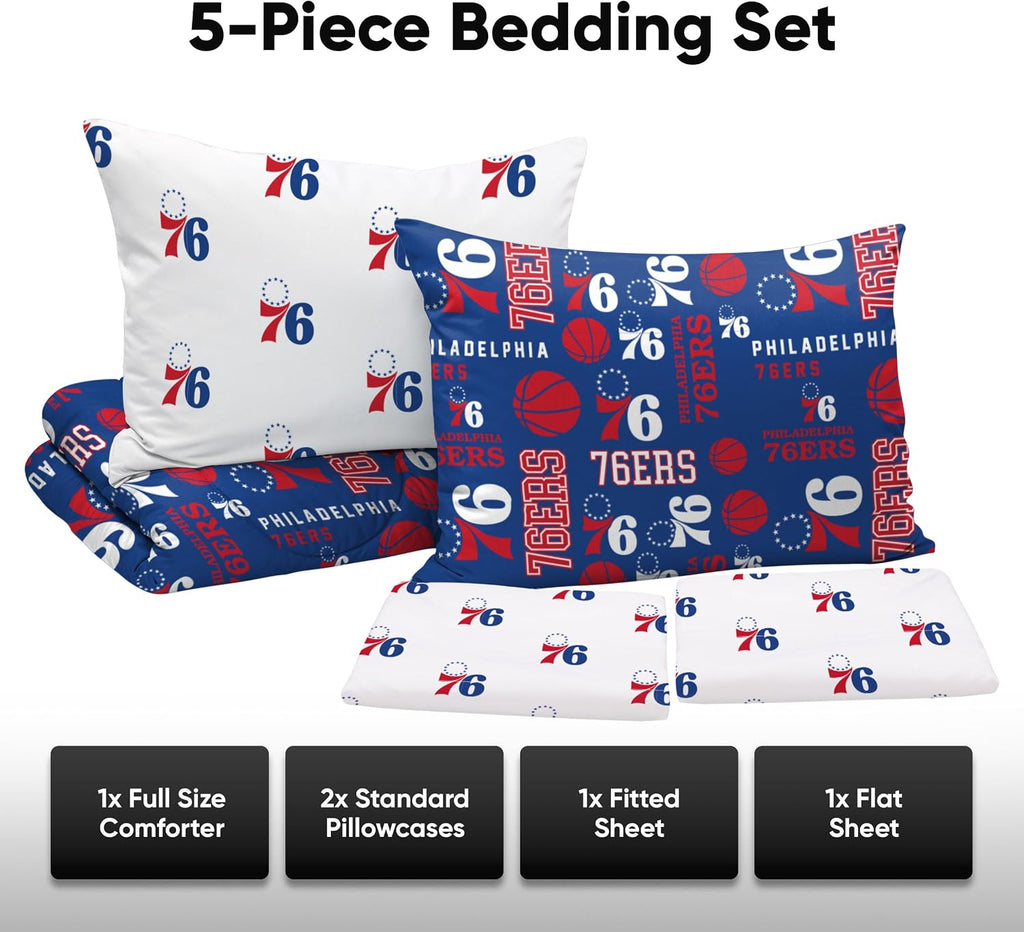 FOCO Unisex-Adult NBA Team Logo Bed in a Bag Comforter, Sheets, Pillow Cases Bedding 5-Piece Set