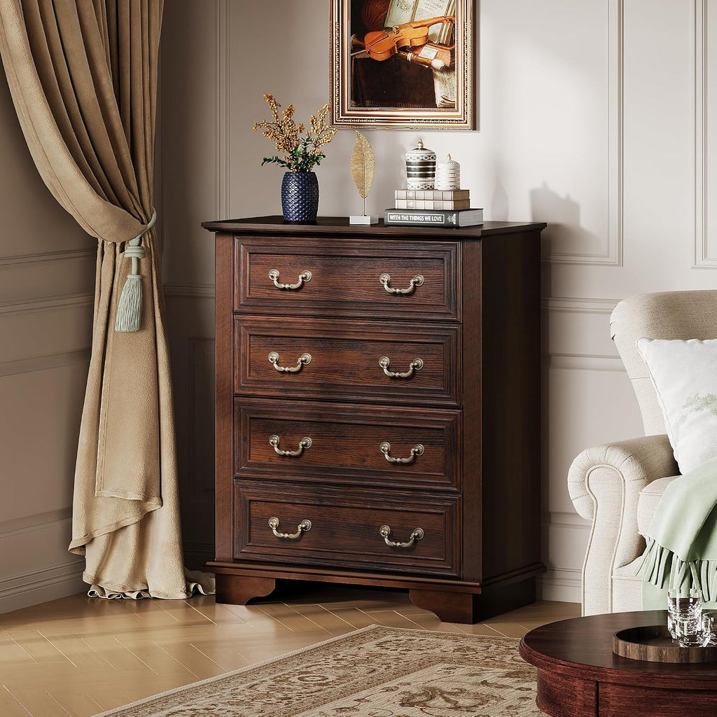 WLIVE Farmhouse 4 Drawer Dresser for Bedroom, 39' Tall Vintage Wood Chest of Drawers, Rustic Small Dressers with Square Wooden Legs, Mid-Century Storage Organizer for Living Room, Walnut