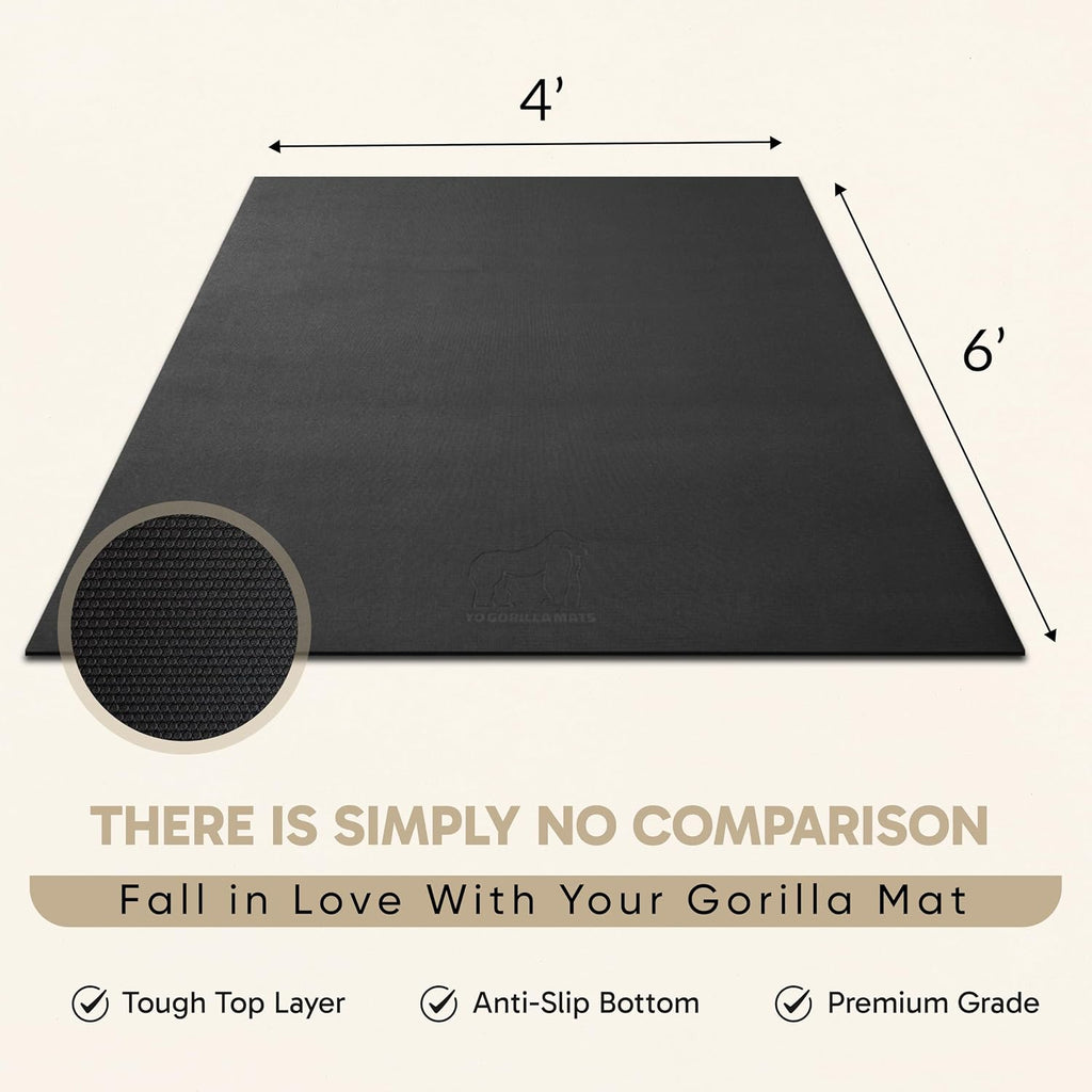 Gorilla Mats Large Exercise Mat – 6'x4', 7'x4', 7'x5', 8'x4', 10'x4' (1/4' Thick) – Ultra Durable Workout Mat for Home Gym Flooring – Non-Slip, Flat Fitness, Yoga & Weight Lifting Floor Mat