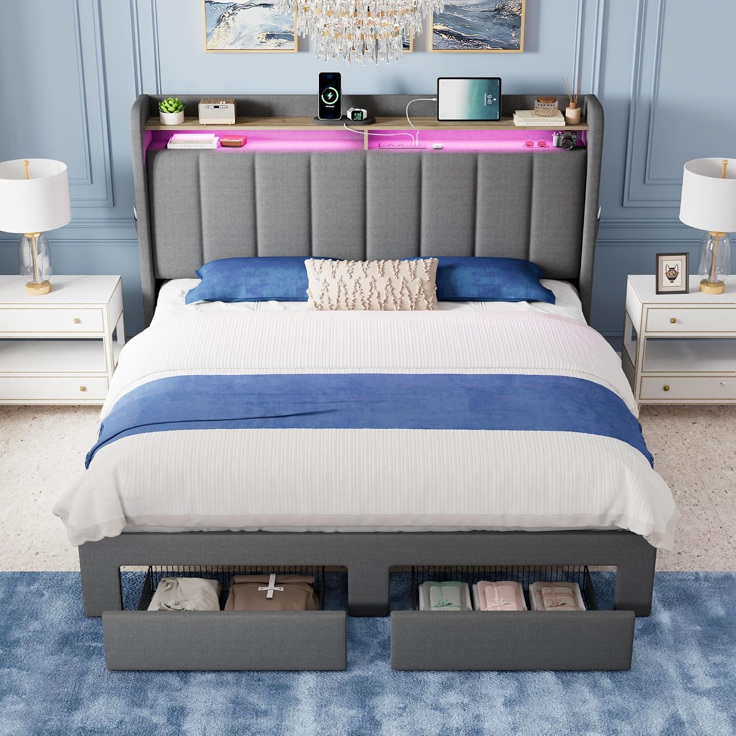 Allewie Vertical Tufted Full Size Upholstered Platform Bed Frame with 2-Tier LED Storage Headboard & 2 Storage Drawers, USB & Type-C Charging Ports, Noise-Free/No Box Spring Needed, Dark Grey