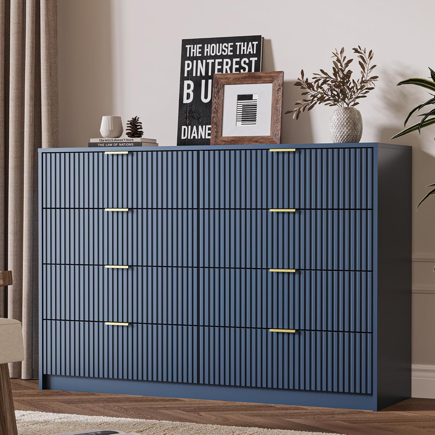 MAISONARIA Navy Dresser for Bedroom, 8 Drawer Double Dresser, Modern Chest of Drawers for Bedroom, Living Room, Entryway and Closet, 55' L x 15.7' D x 37.4' H