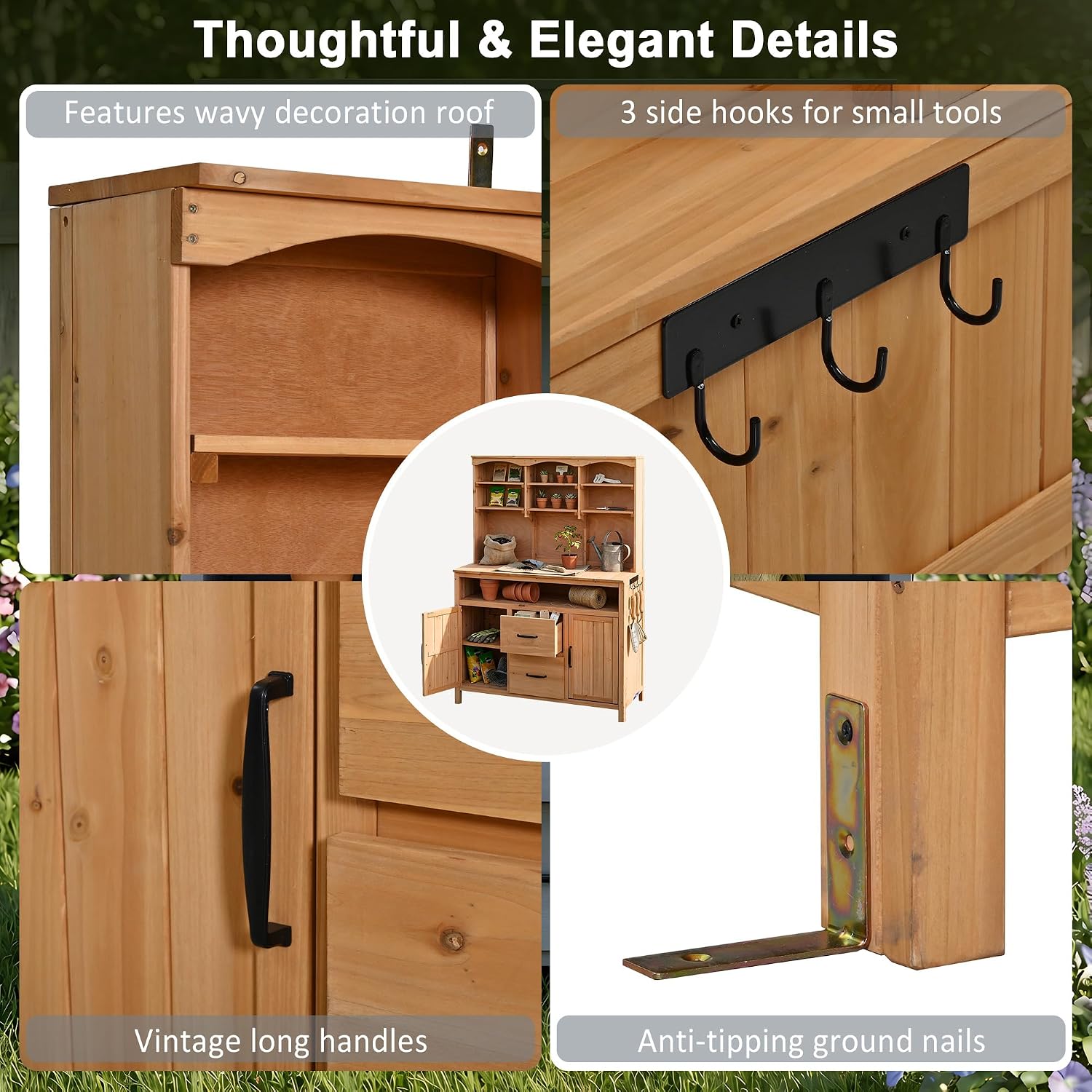 65' H Garden Potting Bench with Storage Drawers and 3 Cabinet, Multi-Functional Outdoor Patio Kitchen Island with Hutch and Hooks, Large Countertop for Gardening, Grill, Natural Wood