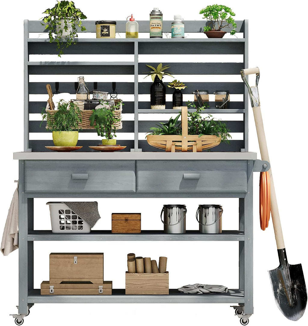 Outdoor Potting Bench Table with Lockable Wheels, Wood Outdoor Workbench with Upper Hutch, Stainless Steel Top, Towel Rack for Grilling, Lawn Garden (Grey Blue, 64.9' H)