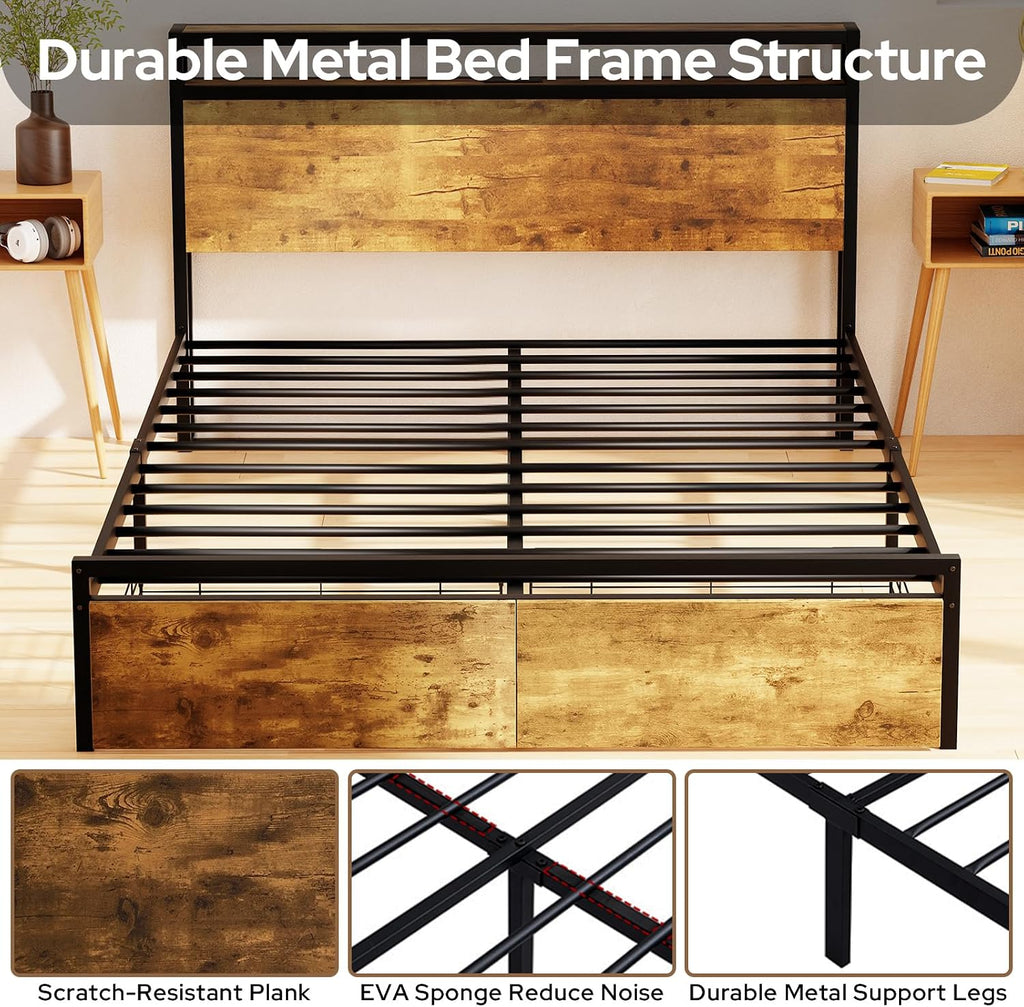 Zevemomo Queen Bed Frame with Drawers, LED Queen Bed Frame with Headboard, Charging Station with 3 USB Ports & 1 Type-C Port, No Noise, Rustic Brown