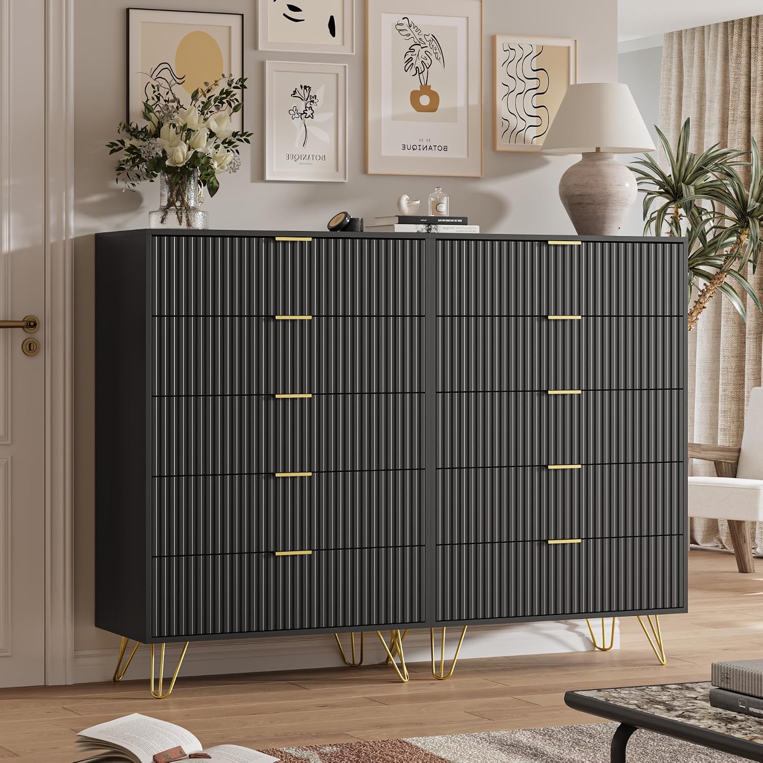 MAISONARIA 5 Drawers Dresser for Bedroom, 47' Tall Modern Chest of Drawers with Gold Handle, Fluted Wood Dresser for Bedroom, Living Room, Hallway, Entryway, Black