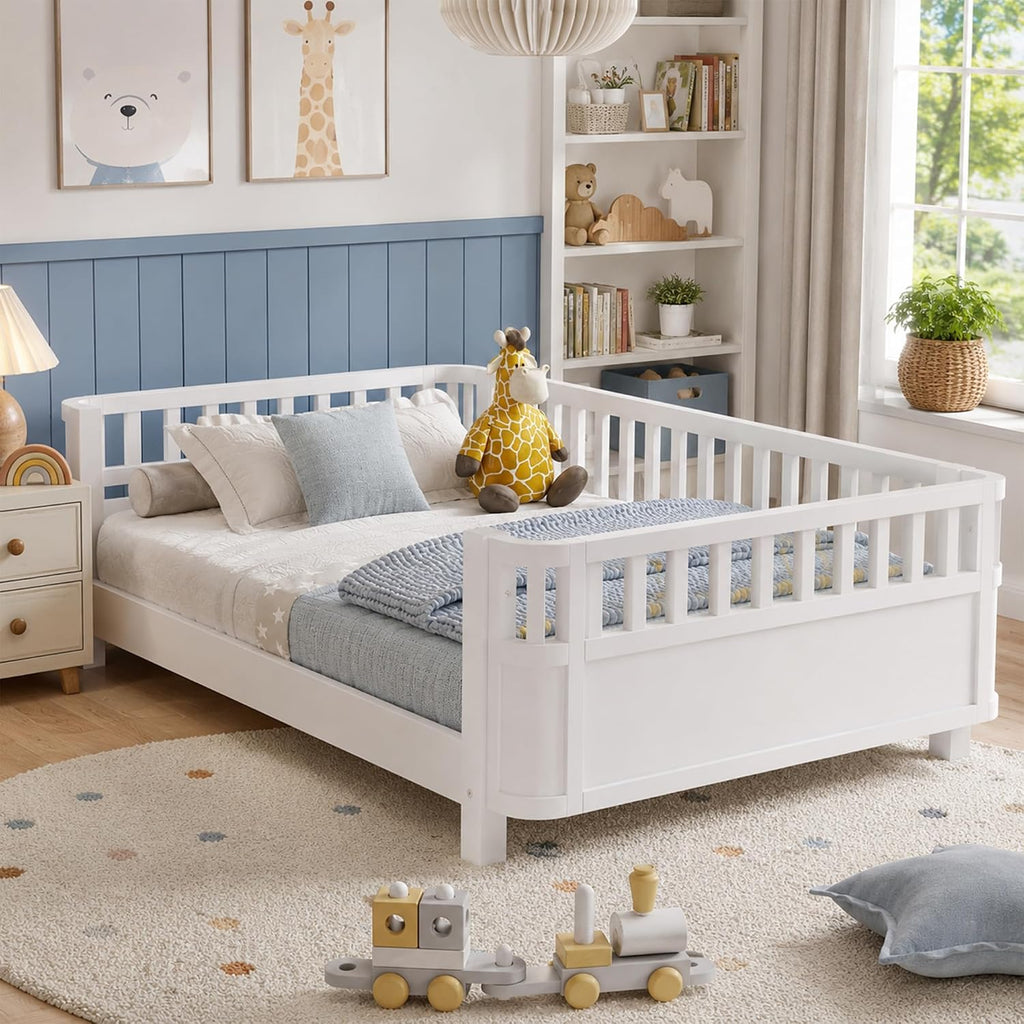 Full Size Kids Bed Frame, Low Profile Montessori Bed Full with Rails, Wood Daybed for Girls & Boys, No Spring Box Required, No Squeaks, White