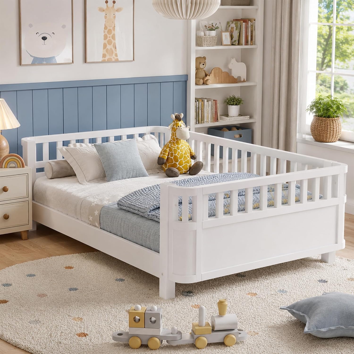 Full Size Kids Bed Frame, Low Profile Montessori Bed Full with Rails, Wood Daybed for Girls & Boys, No Spring Box Required, No Squeaks, White