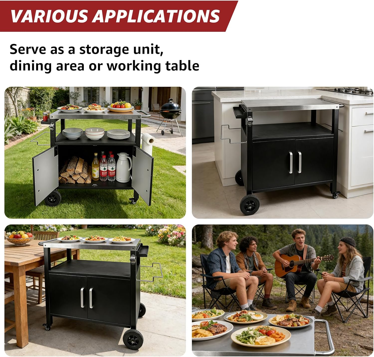 Outdoor Grill Cart with Storage, Movable Stainless Steel Kitchen Island with Wheels & Brakes, Multifunctional Food Prep Table for BBQ, Pizza Oven