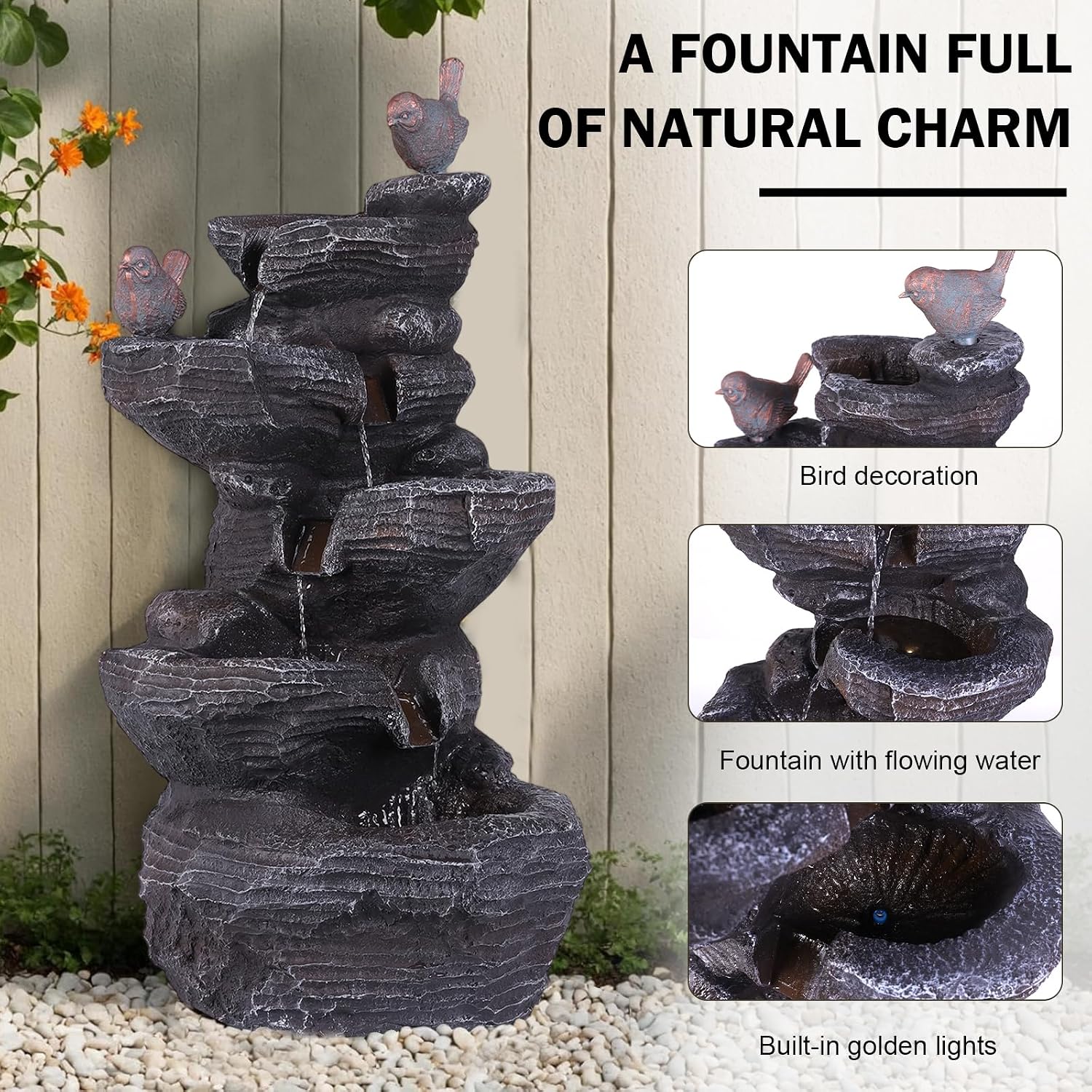 Generic Resin Stone Imitation Waterfall with LED Lights Desktop Waterfall Fountain Tabletop Fountain Relax Meditation Decor for Home Office