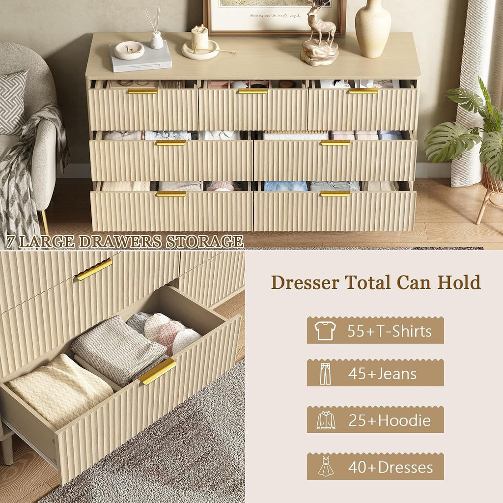 CARPETNAL Fluted Dresser and Nightstand Sets for Bedroom, 3 Pcs Bedroom Set, 7-Drawer Dresser & 2-Drawer Nightstand Set of 2, Modern Wood Chest of Drawers for Living Room, Entryway, Beige