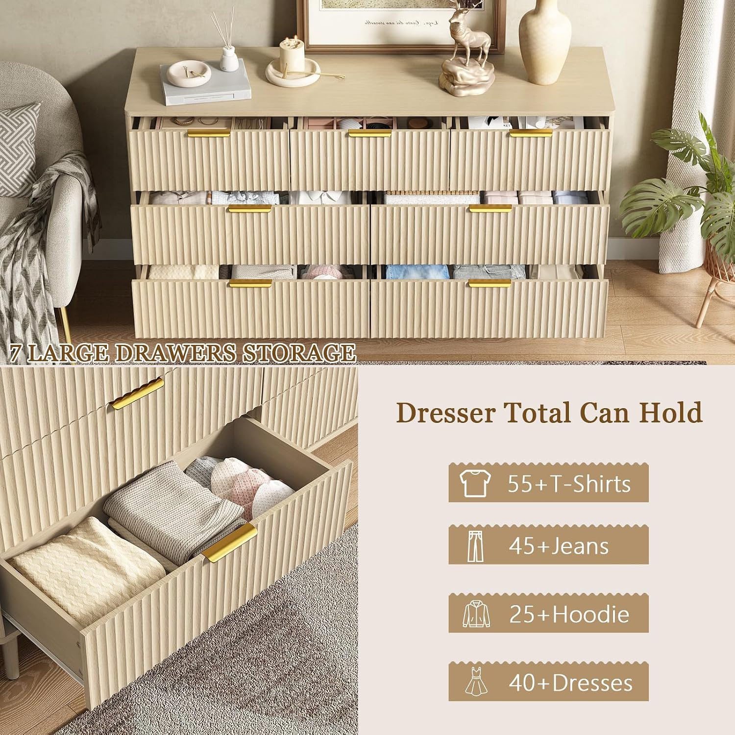 CARPETNAL Fluted Dresser and Nightstand Sets for Bedroom, 3 Pcs Bedroom Set, 7-Drawer Dresser & 2-Drawer Nightstand Set of 2, Modern Wood Chest of Drawers for Living Room, Entryway, Beige