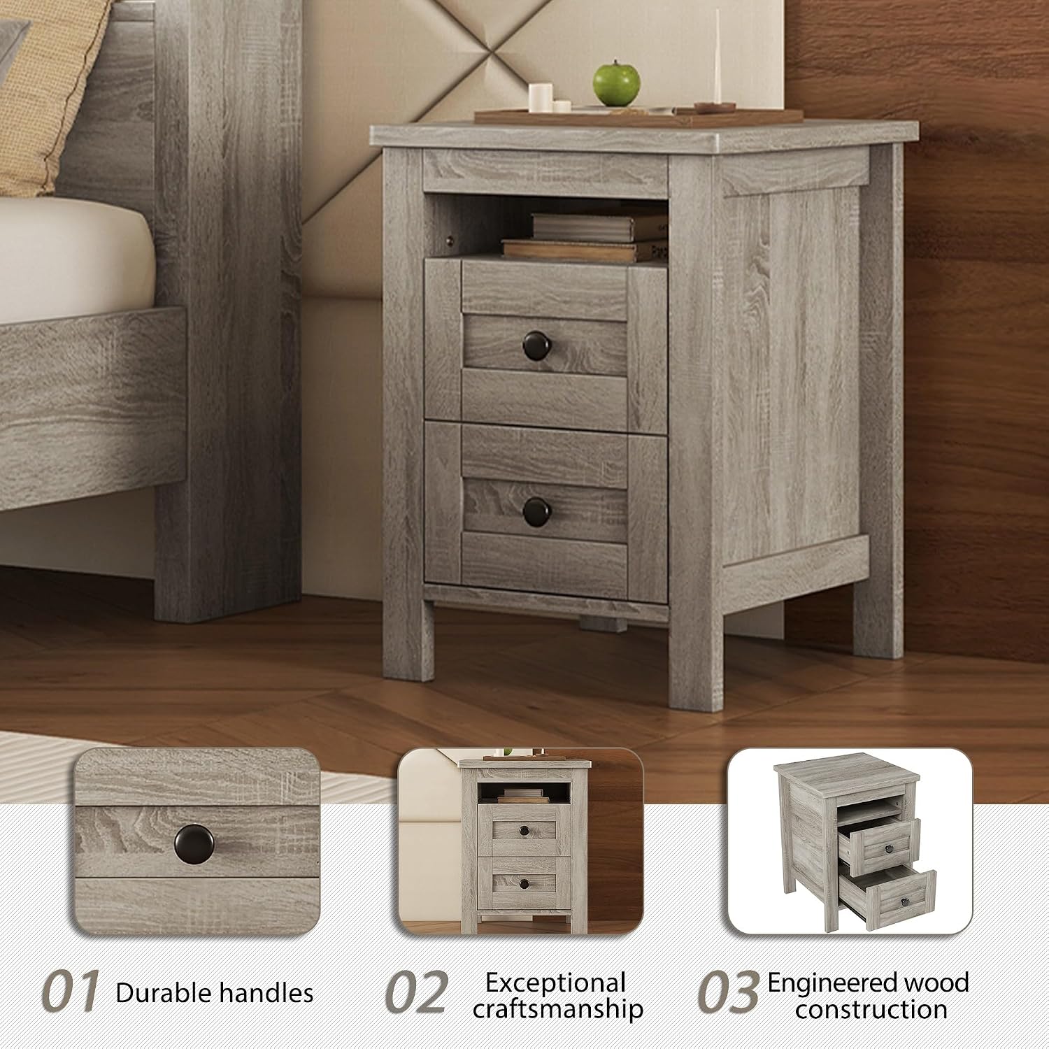 Polibi 3-Pieces Bedroom Sets Full Size Platform Bed with Double Sliding Door Charging Headboard, Socket & USB, Includes Bedside Table and Dresser, Antique Gray
