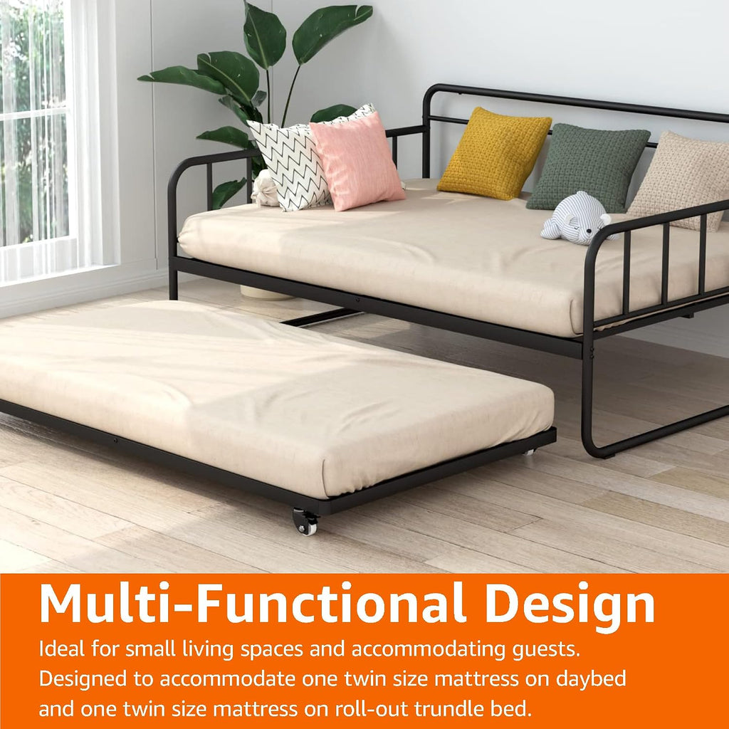 Amazon Basics Twin Daybed and Trundle Bed Frame Set, Space Saving Steel Slat Support, Easy Assembly, Twin Size, Black, 77.3 x 40 x 35.4 in