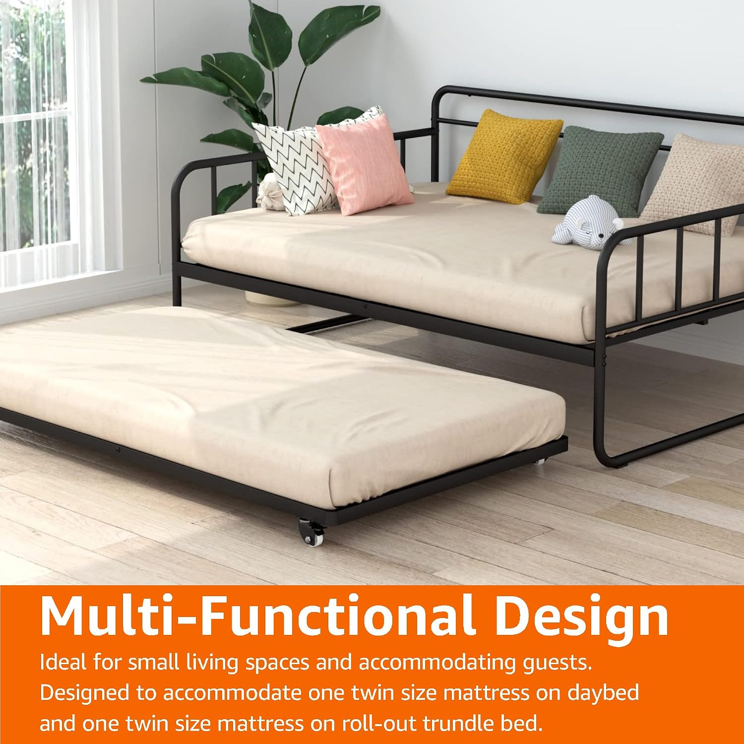 Amazon Basics Twin Daybed and Trundle Bed Frame Set, Space Saving Steel Slat Support, Easy Assembly, Twin Size, Black, 77.3 x 40 x 35.4 in