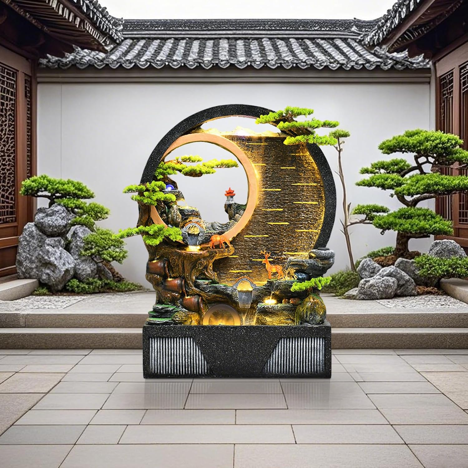 Indoor Outdoor Resin Fountain with LED Light Ring – Round Landscape Waterfall Feature with Pump, Bonsai & Gourd Decor – 6.07ft Tall Large Decorative Water Sculpture(B Large)