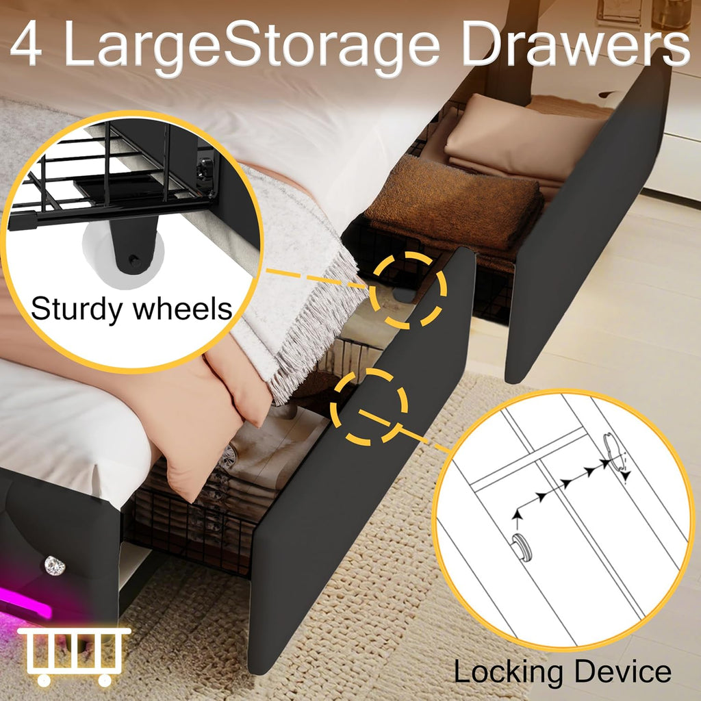Juego 5-in-1 Full Size Bed Frame with Bluetooth Speakers,Velvet Upholstered Platform Bed with Headboard,Charging Station,LED Lighting,4 Drawers Storage,Wooden Slats Support,No Box Spring Needed,Black