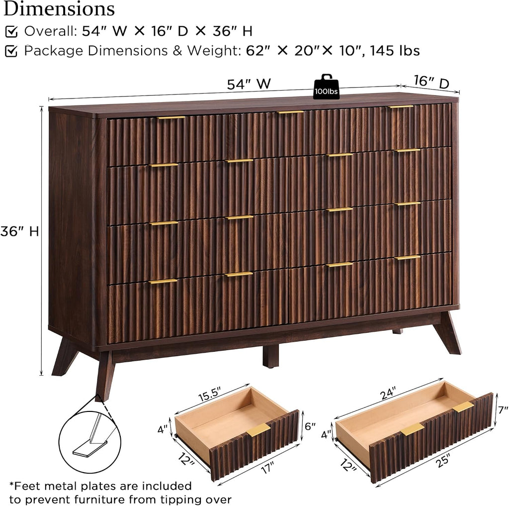 T4TREAM Fluted 9 Drawers Dresser, 54' Wide Modern Chest of Drawers, Curved Profile Design, Dresser TV Stand, Wood Drawer Organizer for Bedroom, Living Room, Hallway, Dark Walnut