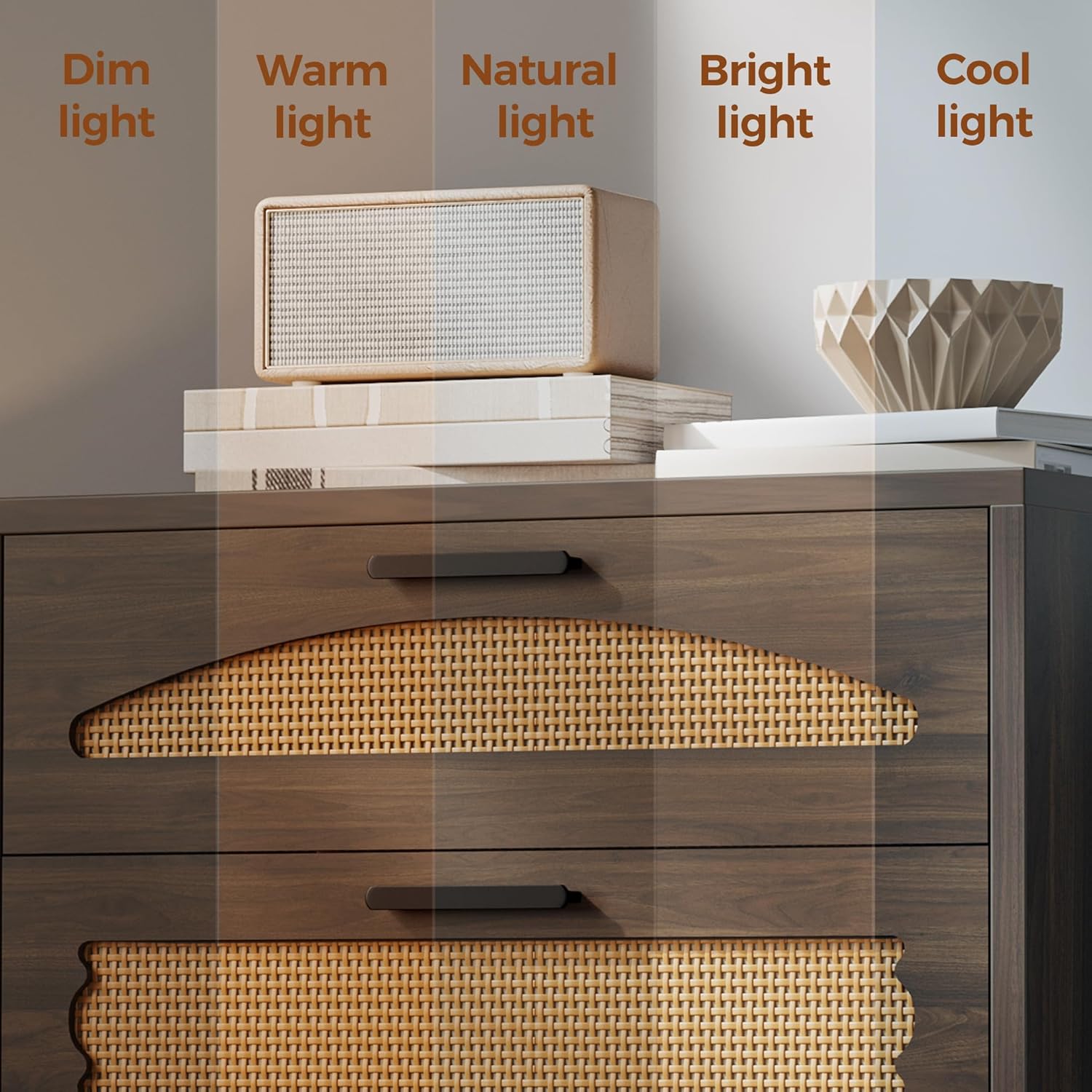 Mericonia 5 Drawer Rattan Dresser for Bedroom, Wood Tall Dresser for Closet with Metal Handles, Boho Nightstand Sets, Dressers & Chests of Drawers for Bedroom, Hallway and Entryway, Walnut