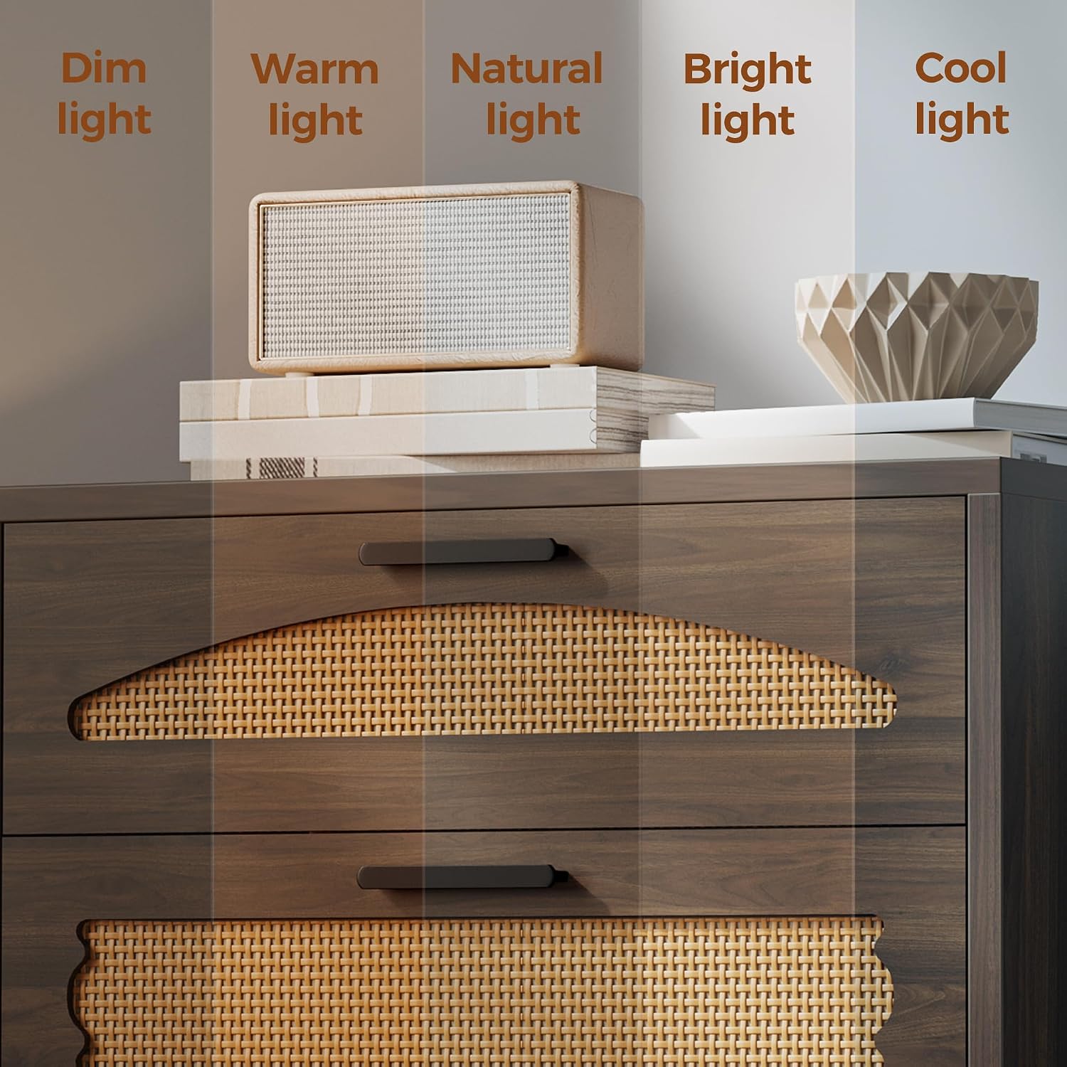Mericonia 3 Drawer Rattan Dresser for Bedroom, Wood Dresser for Closet with Metal Handles, Small Boho Nightstand Sets, Dressers & Chests of Drawers for Bedroom, Hallway and Entryway, Walnut