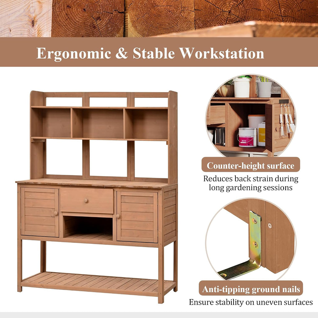 66' Wooden Potting Bench for Outdoor, Large Garden Potting Tables with Side Hooks, Storage Drawer & Adjustable Shelves, Garden Plant Work Bench Table for Backyard (Brown, 20' D X 50' W X 66' H)