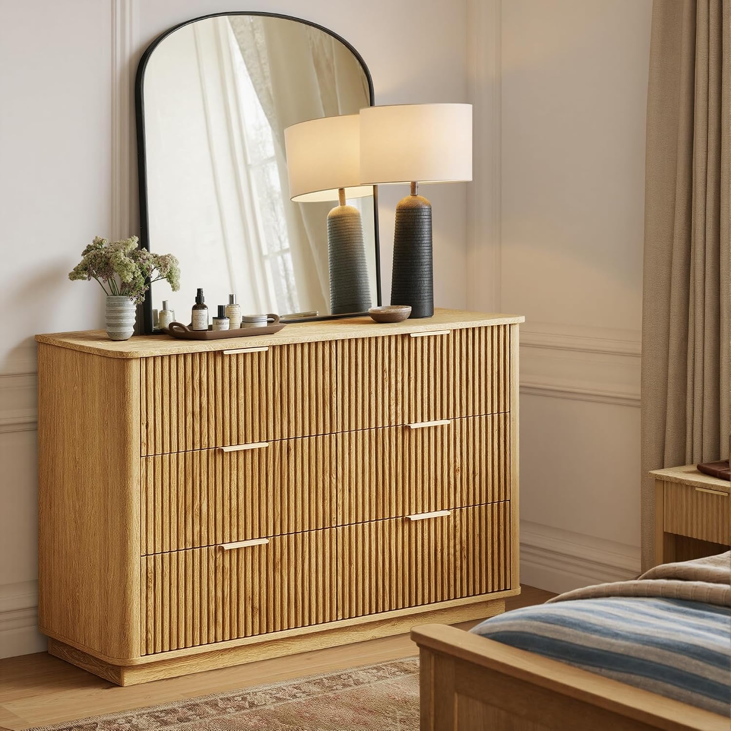 win2win 6 Drawer Dresser, Modern Dresser with Storage, 47' Wide Fluted Chest of Drawers with Faux Marble Top, Dressers TV Stand, Minimalist Drawers Organizer for Bedroom, Living Room, Hallway, Oak