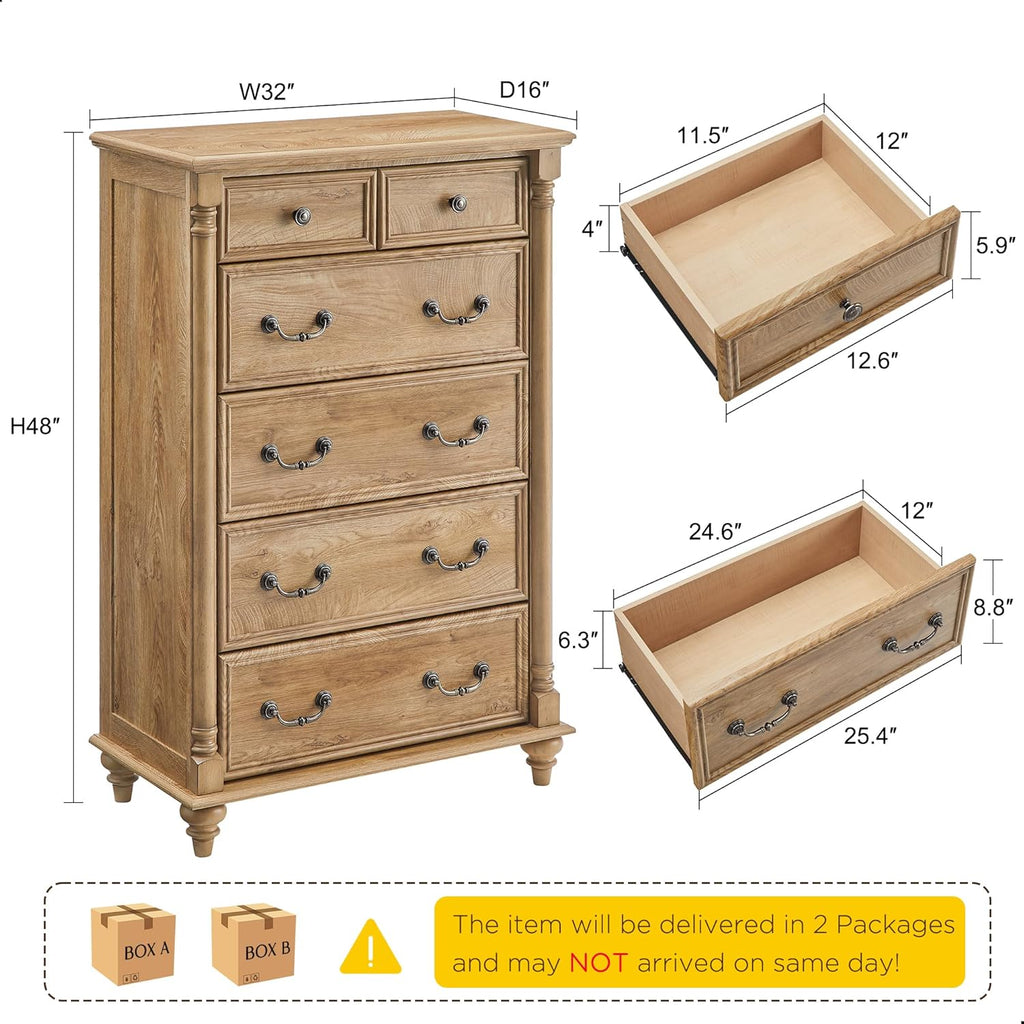 T4TREAM Farmhouse 6 Drawers Dresser Chests for Bedroom w/4 Solid Wood Feet &Column Decor, Tall Wood Rustic Chest of Drawers, Storage Dressers Organizer for Bedroom, Living Room, Light Tree Knot