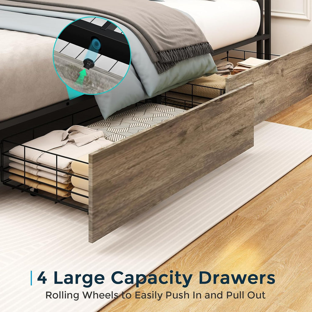 SADENICEL Queen Bed Frame with Storage Headboard, Metal Platform Queen Size Bed Frame Wood with 4 Drawers, LED Light, Charging Station, No Box Spring Needed, Noise Free, Easy Assembly, Grey