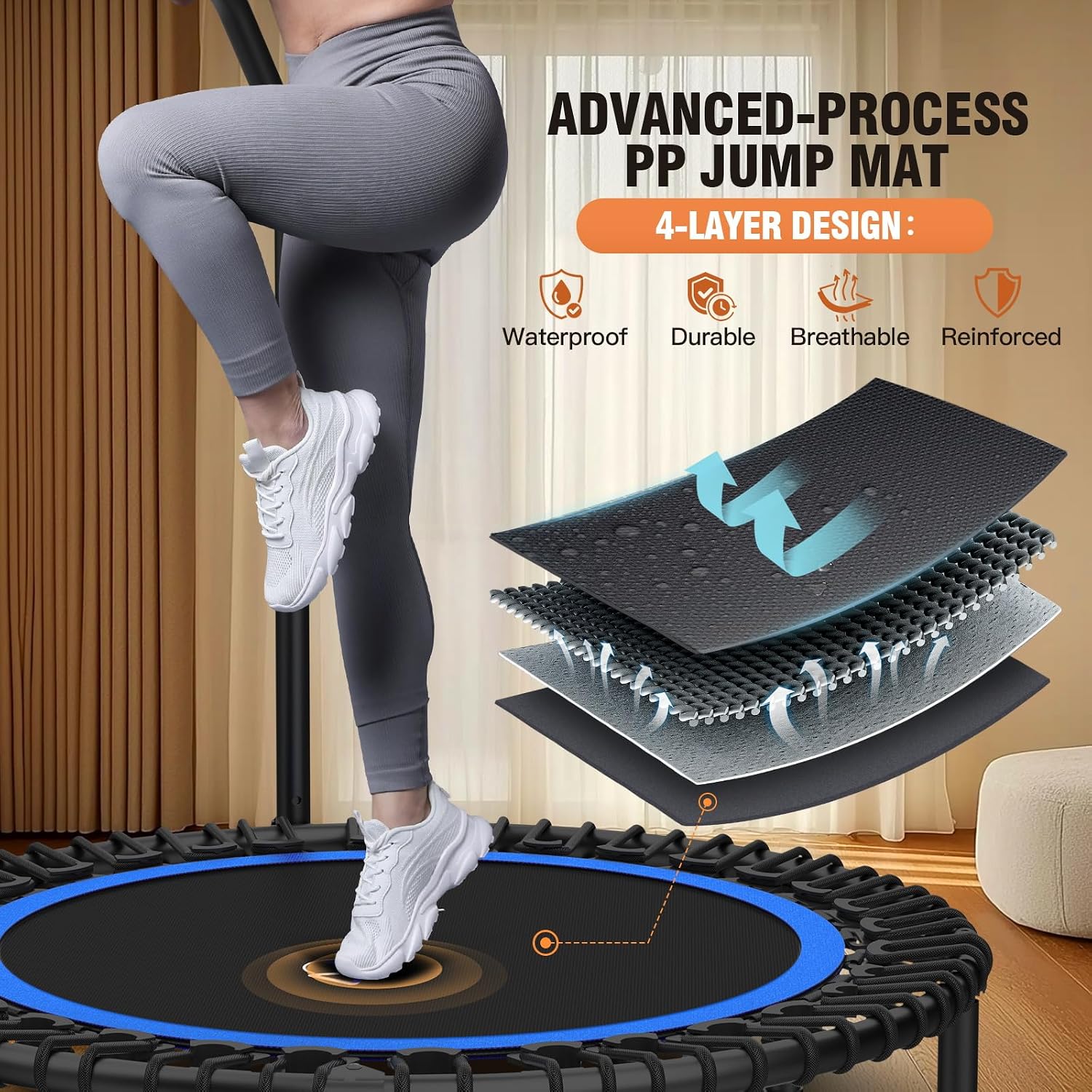 ANCHEER 40'/48' Foldable Mini Trampoline,Max Load 450lbs/550lbs Indoor Trampoline,with 4 Level Adjustable Foam Handle and Resistance Bands,Adult Exercise Trampoline for Home, Garden, and Gym