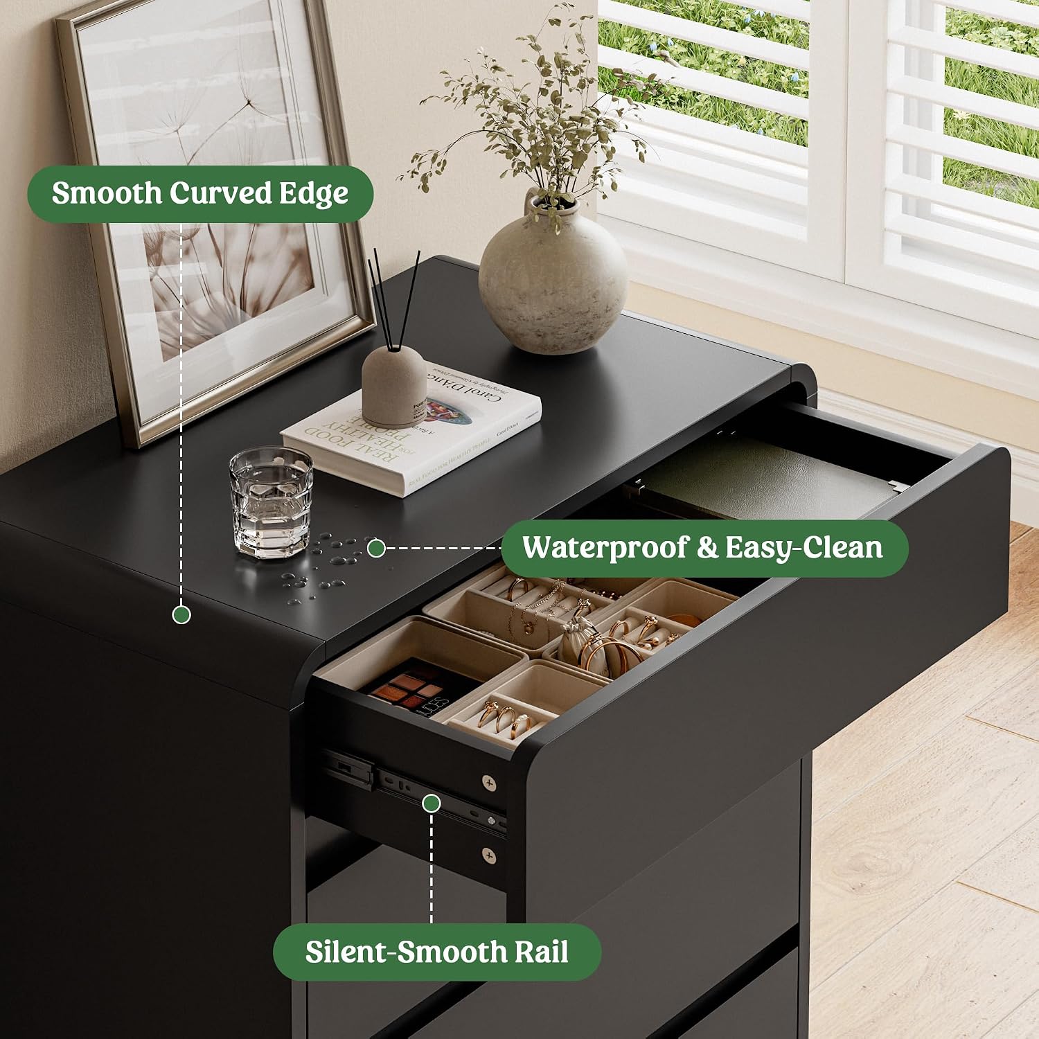 Lulive Wood Dresser for Bedroom, 41' Tall Chest of Drawers with 5 Drawers, Modern Closet Storage Drawer with Curved Profile Design for Living Room, Hallway, Entryway, Black