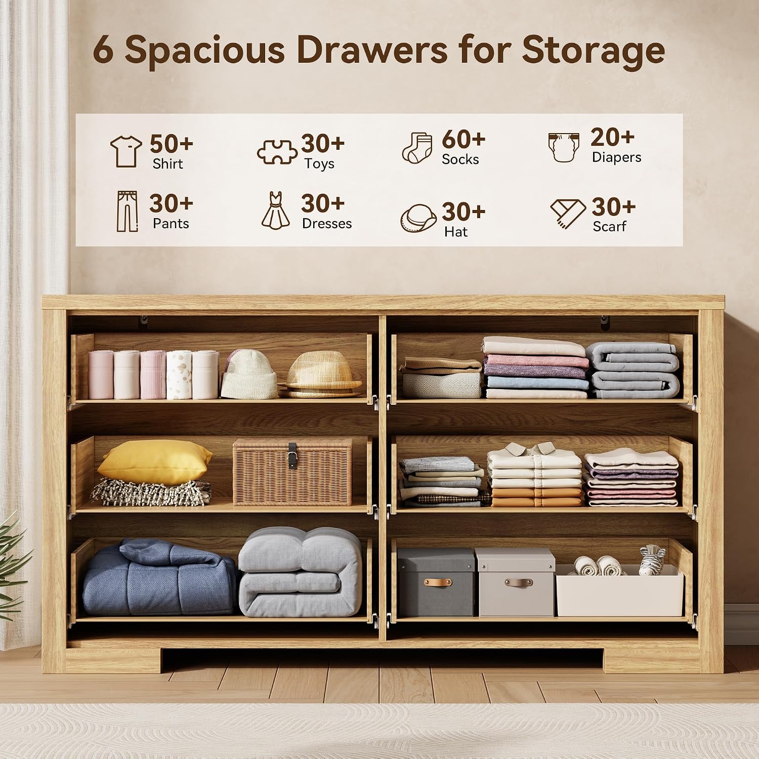 Fluted 6 Drawers Dresser for Bedroom, 54' Modern Chest of Drawers with Metal Handle, Wood Closet Clothes Storage Organizer for Living Room, Hallway, Entryway, Natural Oak