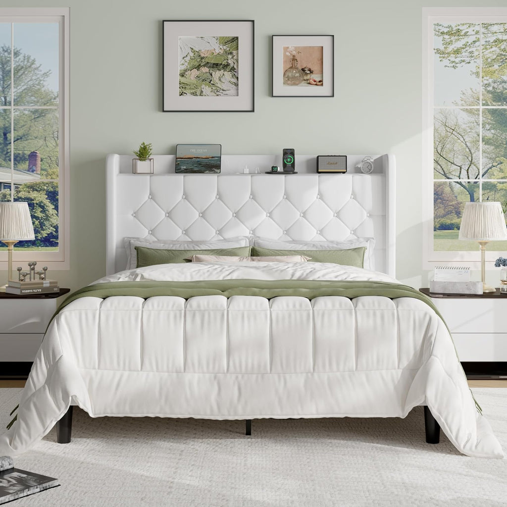 SHA CERLIN Queen Size Platform Bed Frame with Charging Station, Velvet Wingback Headboard with Storage Shelf, Wooden Slats Support, Ample Under-Bed Space, No Box Spring Needed, Easy Assembly, White