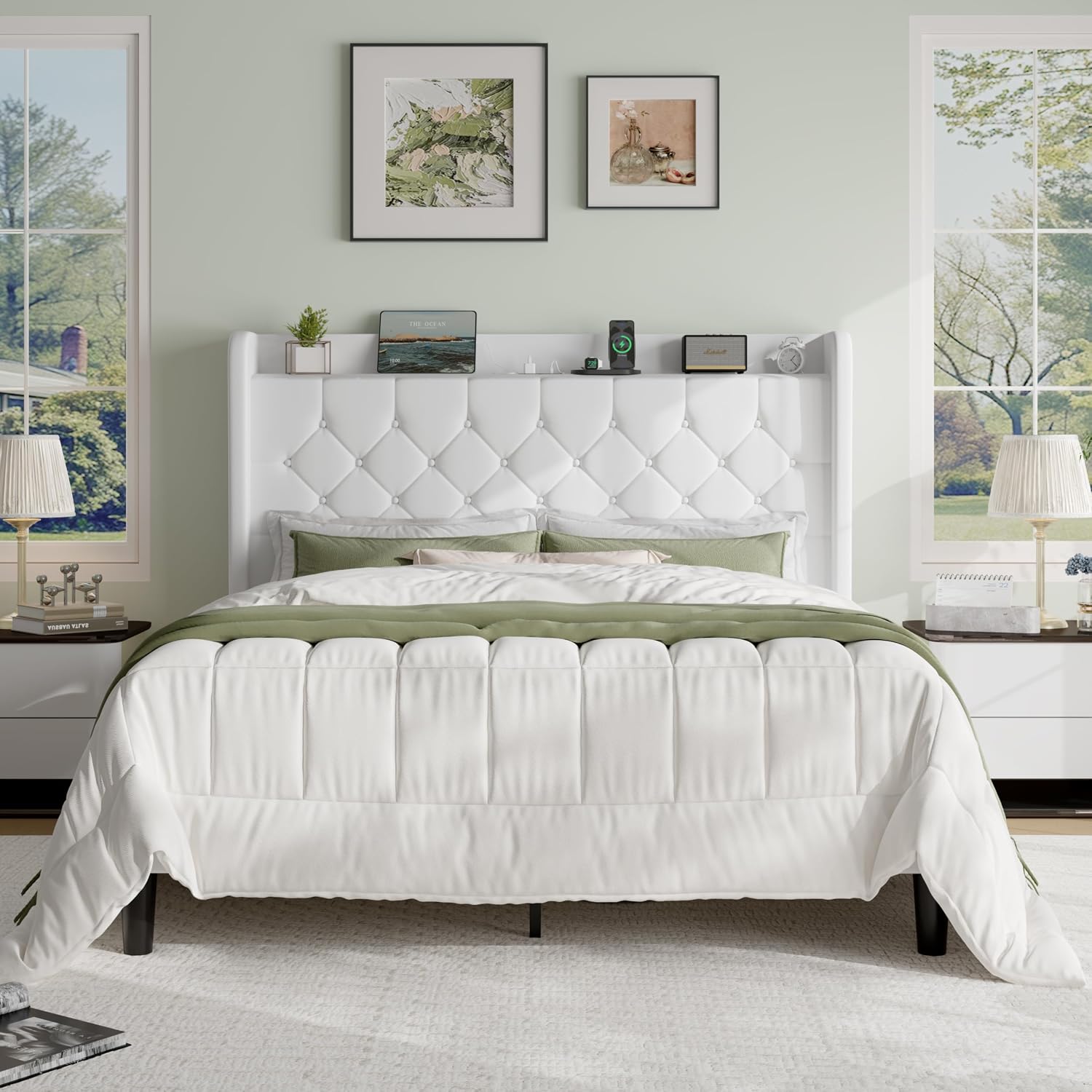 SHA CERLIN Queen Size Platform Bed Frame with Charging Station, Velvet Wingback Headboard with Storage Shelf, Wooden Slats Support, Ample Under-Bed Space, No Box Spring Needed, Easy Assembly, White