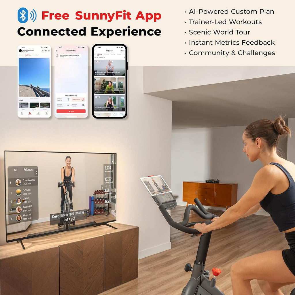 Sunny Health & Fitness Smart Magnetic Indoor Cycling Bike, Stationary Exercise Cardio Equipment, Free SunnyFit Training App