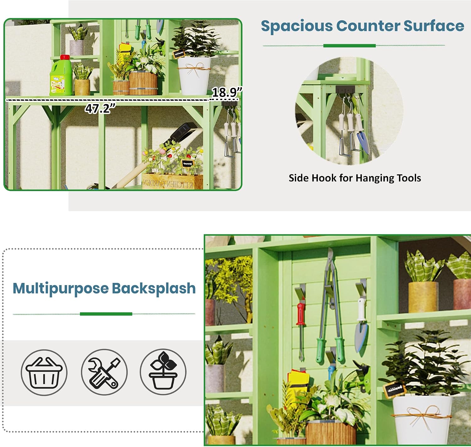 64.6' Outdoor Large Potting Bench Table,Wood Workstation with 6-Tier Shelves and Large Tabletop,Backsplash and Side Hook,for Mudroom Backyard Garden Patio (Green@Shelves)