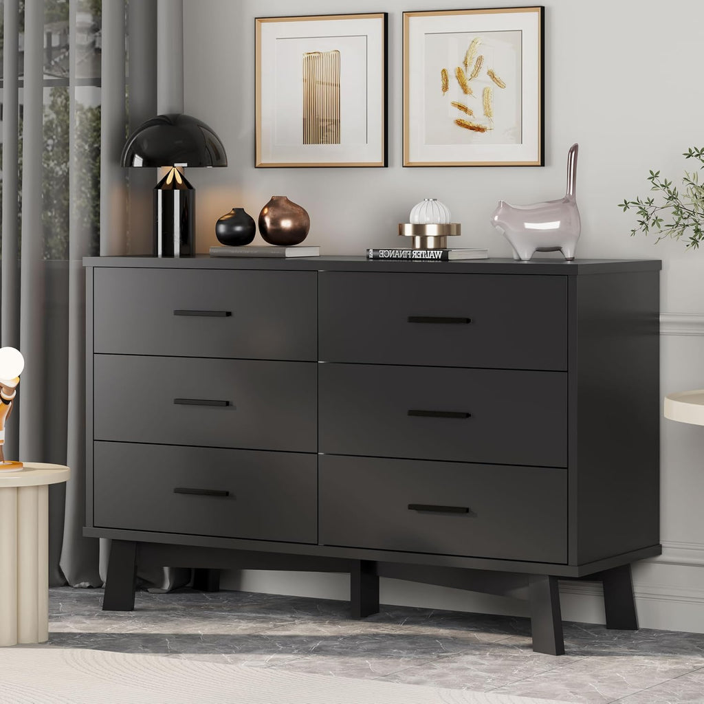 Xixini Dresser for Bedroom with 6 Drawer, Modern Chest of Drawers with X-Shaped Sturdy Base, Wide Wood Double Dresser Closet Clothes Storage Organizer, Wooden TV Stand for Living Room, Hallway, Black