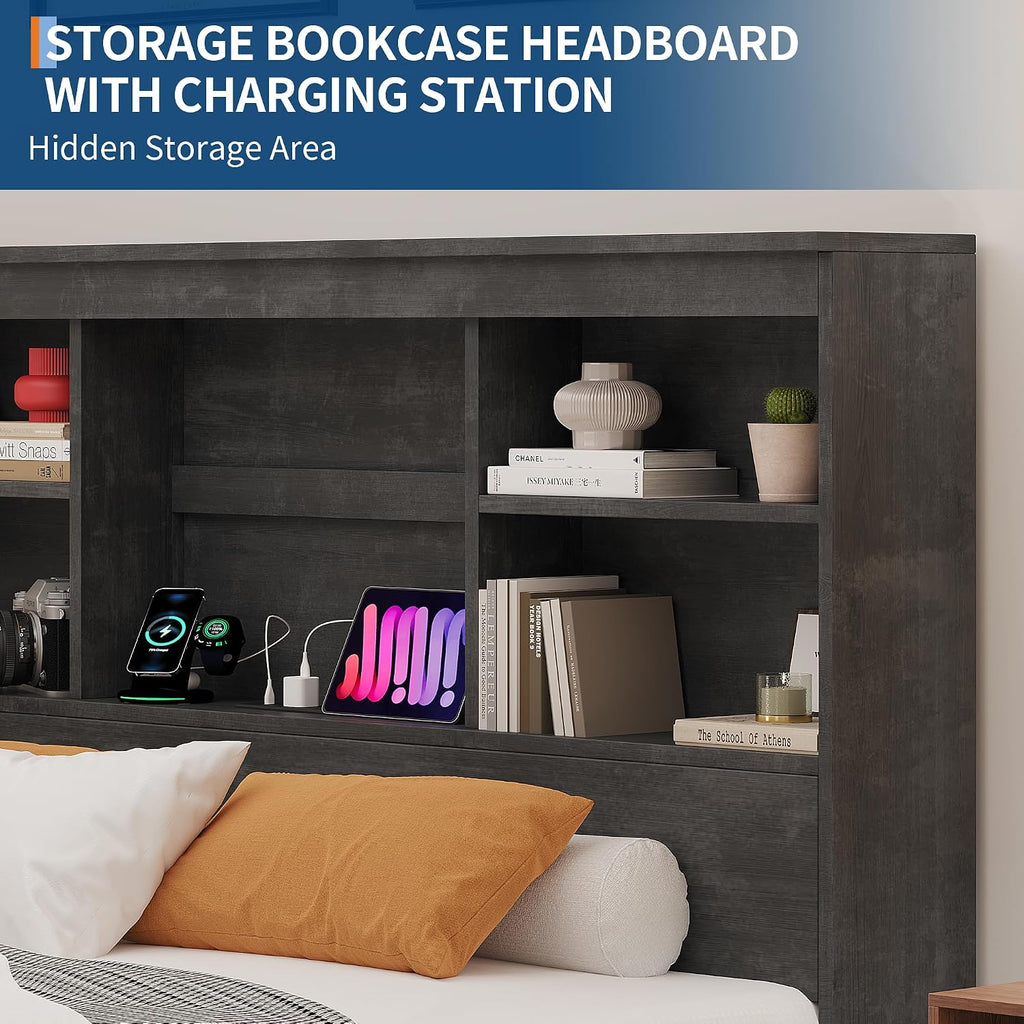 GarveeHome Full Size Bed Frame with High Storage Bookcase Headboard, Wood Bed Frame with 4 Storage Drawers, Built in Charging Station, No Box Spring Needed, Metal Frame, Noise-Free, Ink
