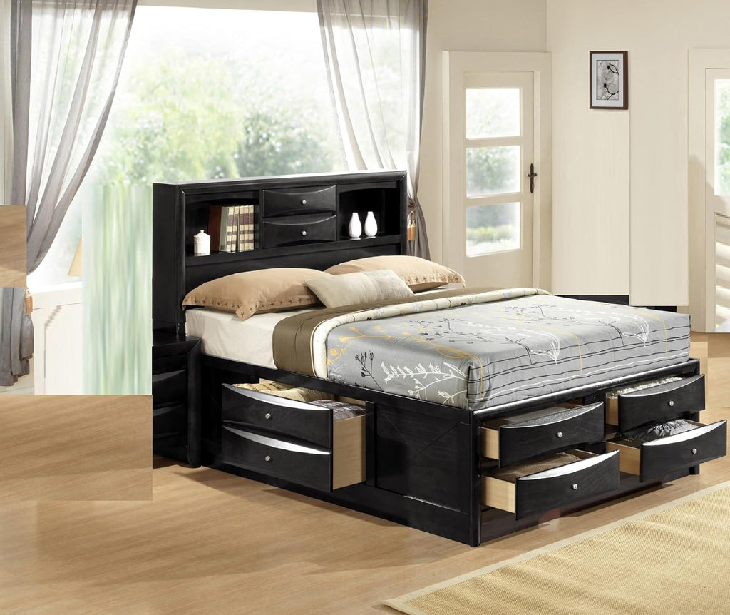 GOWE 1pc Contemporary King Captains Platform Bed Bookcase Shelves Headboard Side Storage Solid Wood Wooden Bedroom Furniture Black Finish