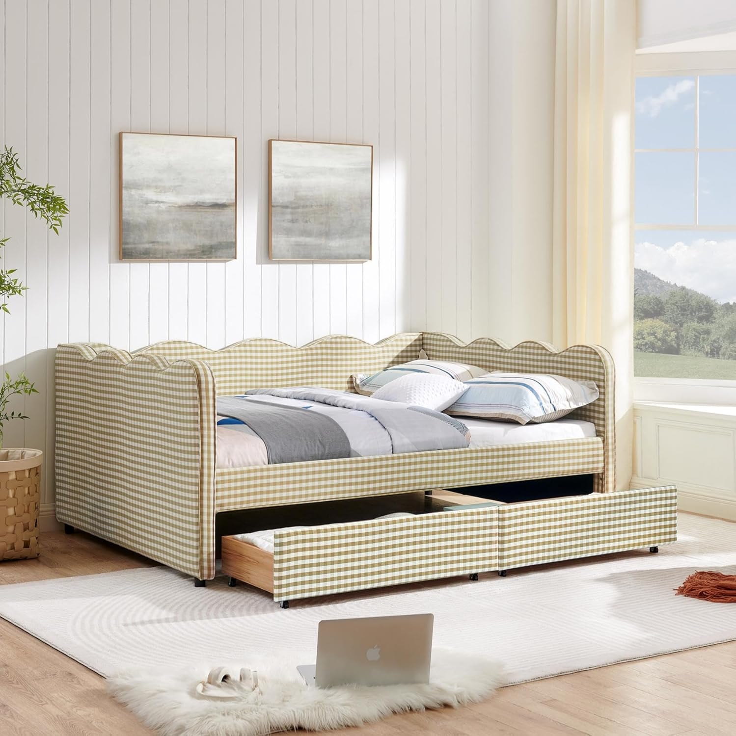 DEINPPA Full Size Upholstered Daybed with 2 Storage Drawers, Gingham Daybed with USB Ports for Bedroom Living Room Guest Room-Brown