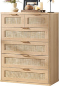 LEYAOYAO Rattan Dresser for Bedroom, 41' Tall Chest of Drawers, Modern 6 Drawers Boho Dressers with Storage, Light Oak Dresser Wooden Closet Organizer for Living Room, Hallway, Natural Wood
