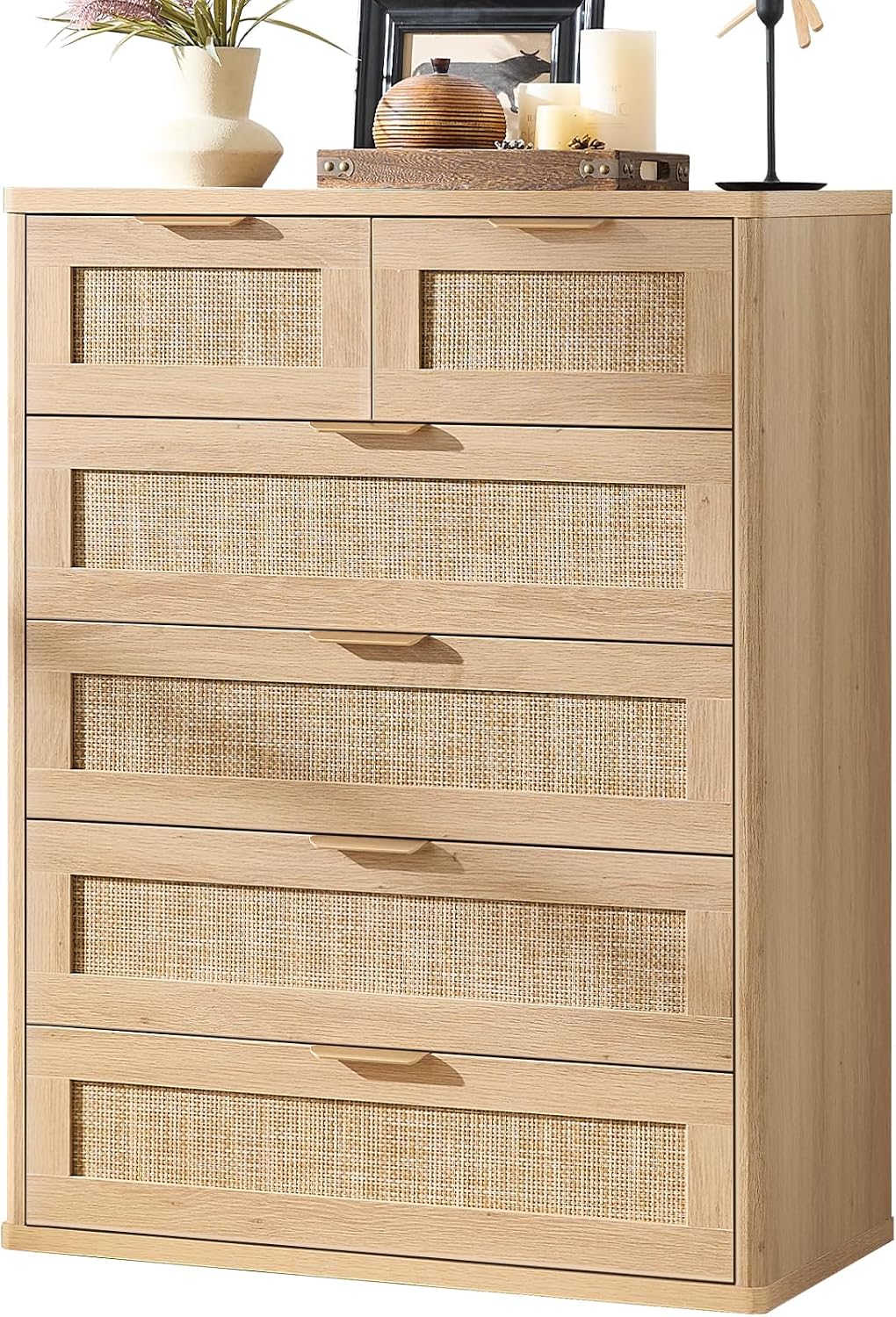 LEYAOYAO Rattan Dresser for Bedroom, 41' Tall Chest of Drawers, Modern 6 Drawers Boho Dressers with Storage, Light Oak Dresser Wooden Closet Organizer for Living Room, Hallway, Natural Wood