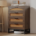 Mericonia 4 Drawer Rattan Dresser for Bedroom, Wood Tall Dresser for Closet with Metal Handles, Boho Nightstand Sets, Dressers & Chests of Drawers for Bedroom, Hallway and Entryway, Walnut